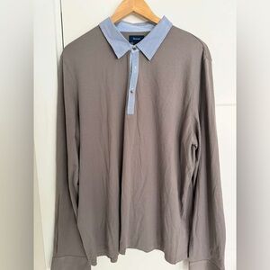 Faconnable Taupe and Blue Long Sleeve Polo Shirt
